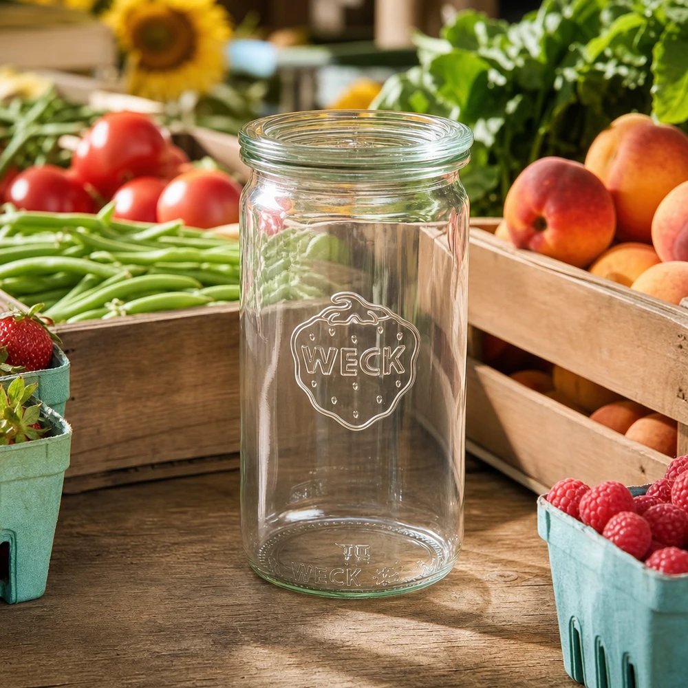 WECK 340 ml cilindervormige pot RR60 transparant op houten tafel omringd door verse groenten en bessen marktkraam sfeer