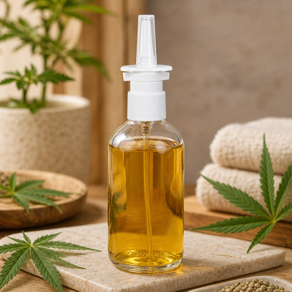ClearLine-neussprayflesje van 100 ml, gevuld met goudkleurige CBD-olie en voorzien van een wit neusmondstuk