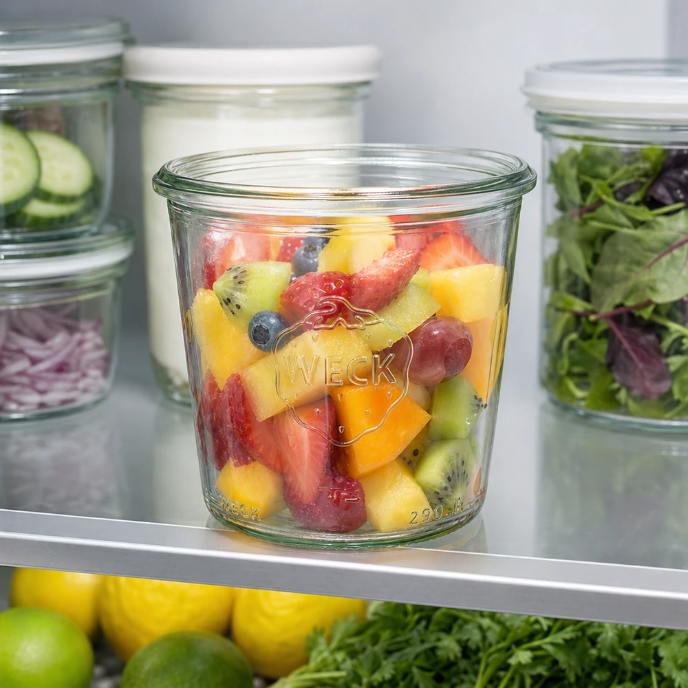 290ml WECK hoge RR80 bekers gevuld met kleurrijke fruitsalade in de koelkast naast andere inmaakpotten