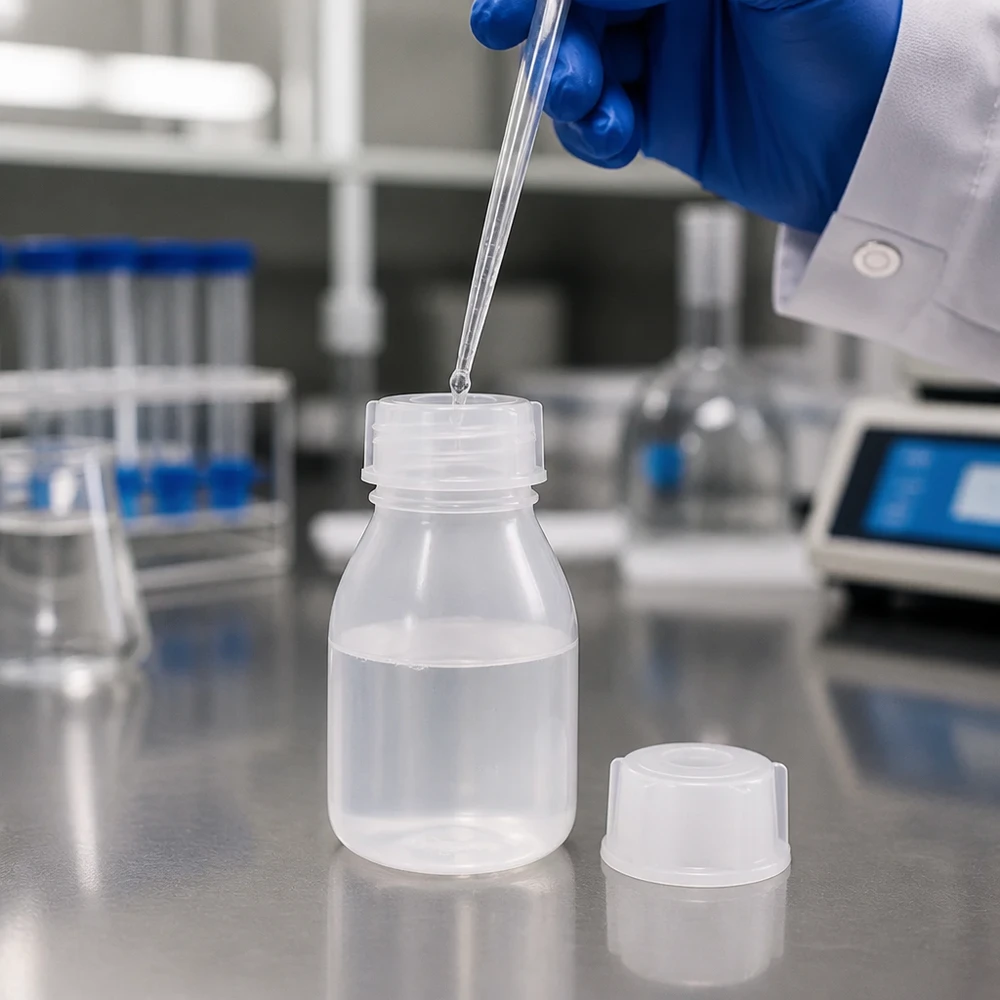 Laboratoriumflesje met smalle hals van 10 ml en brede schroefdop op een roestvrijstalen oppervlak in een schone laboratoriumomgeving