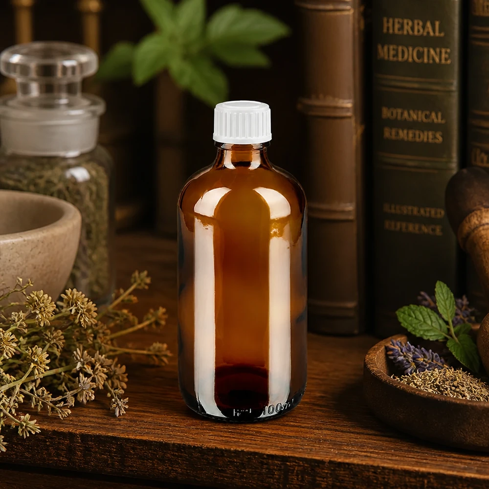 Compacte medicijnfles van 100 ml van bruin glas met een witte dop voor plantendruppels
