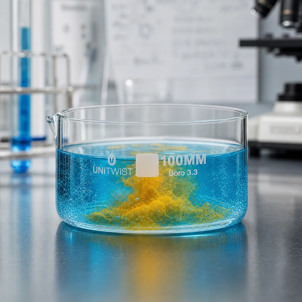 Kristalliseer schaal ø100mm borosilicaatglas UNiTWIST UNiTWIST laboratoriumglas 100 mm kristallisatieschaal mengproef gele neerslag Boro 3.3
