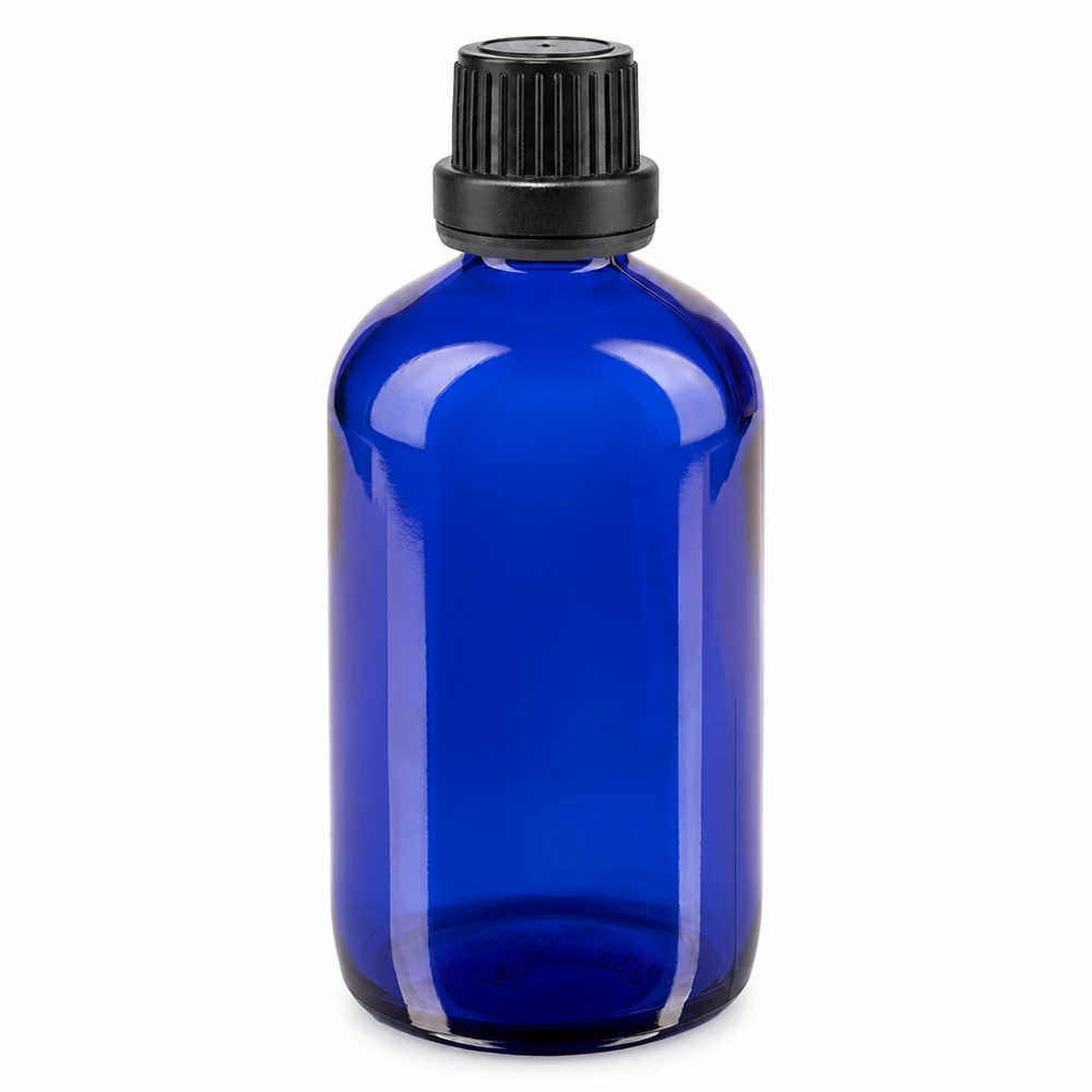Cilindrische apothekersfles van 100 ml, blauw, met SV OV-sluiting en een hals van 11 mm