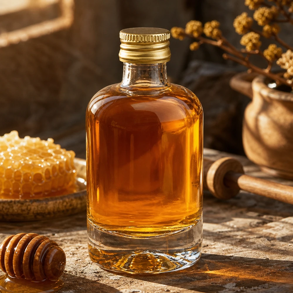 40ml glazen fles Sara gevuld met honing - gouden UNiTWIST dop naast honingraat en honinglepel