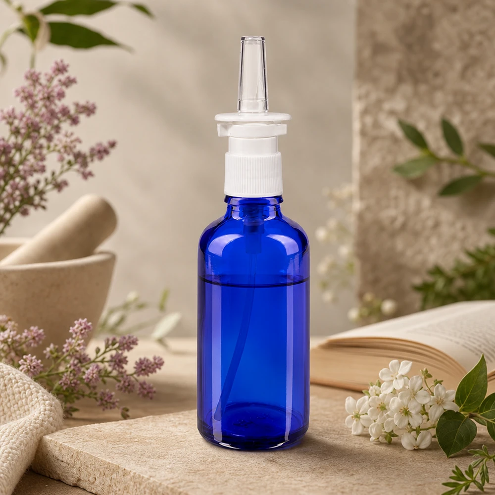 Blauwe glazen flessen 50ml met neusverstuiver Farmaceutische neussprayfles van 50 ml, van beschermend blauw glas met een doorzichtige applicatormondstuk