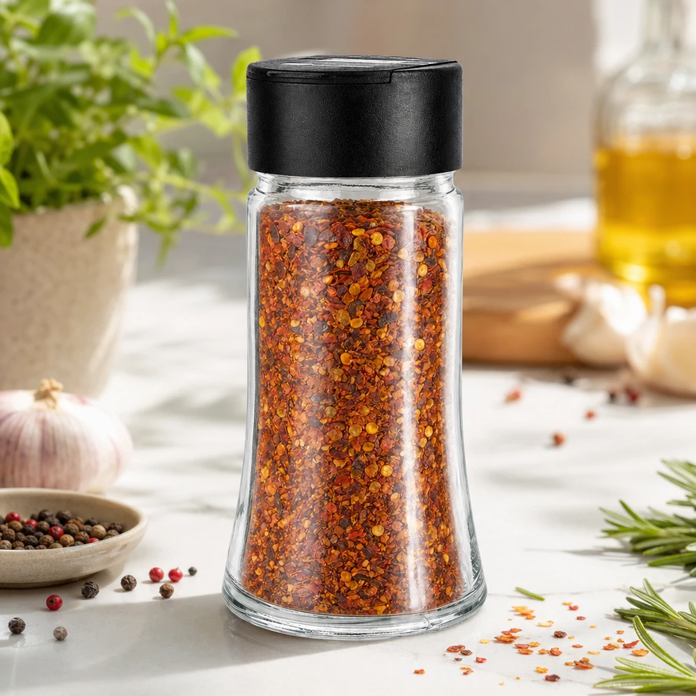 Kruidenpotje van 95 ml gevuld met chilipoeder, naast knoflook, rozemarijn en peperkorrels