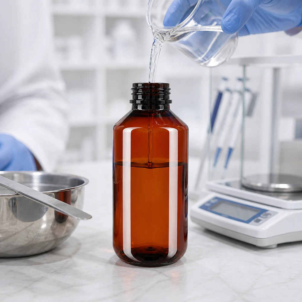 Handschoenen vullen een bruine plastic fles van 100 ml met een witte dop in het cleanroomlaboratorium