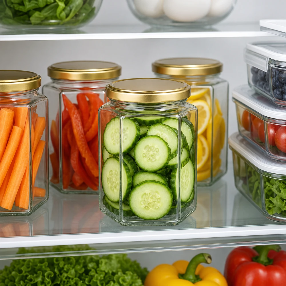 Meal-Prep mit 500g Honigglas BasicSeal UT goldener Deckel als Vorratsbehälter für Gurken Karotten Paprika im Kühlschrank