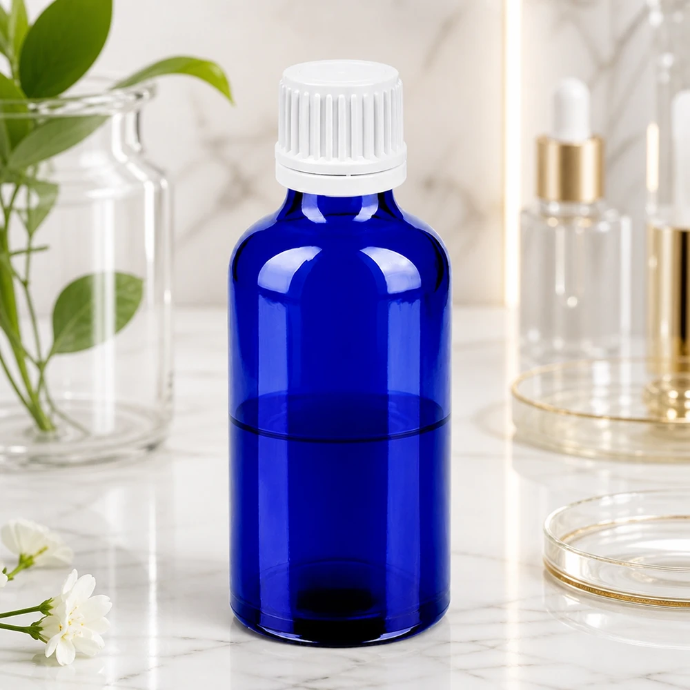 Premium glazen fles 50ml met mat oppervlak en ergonomisch ontwerp in diepblauw