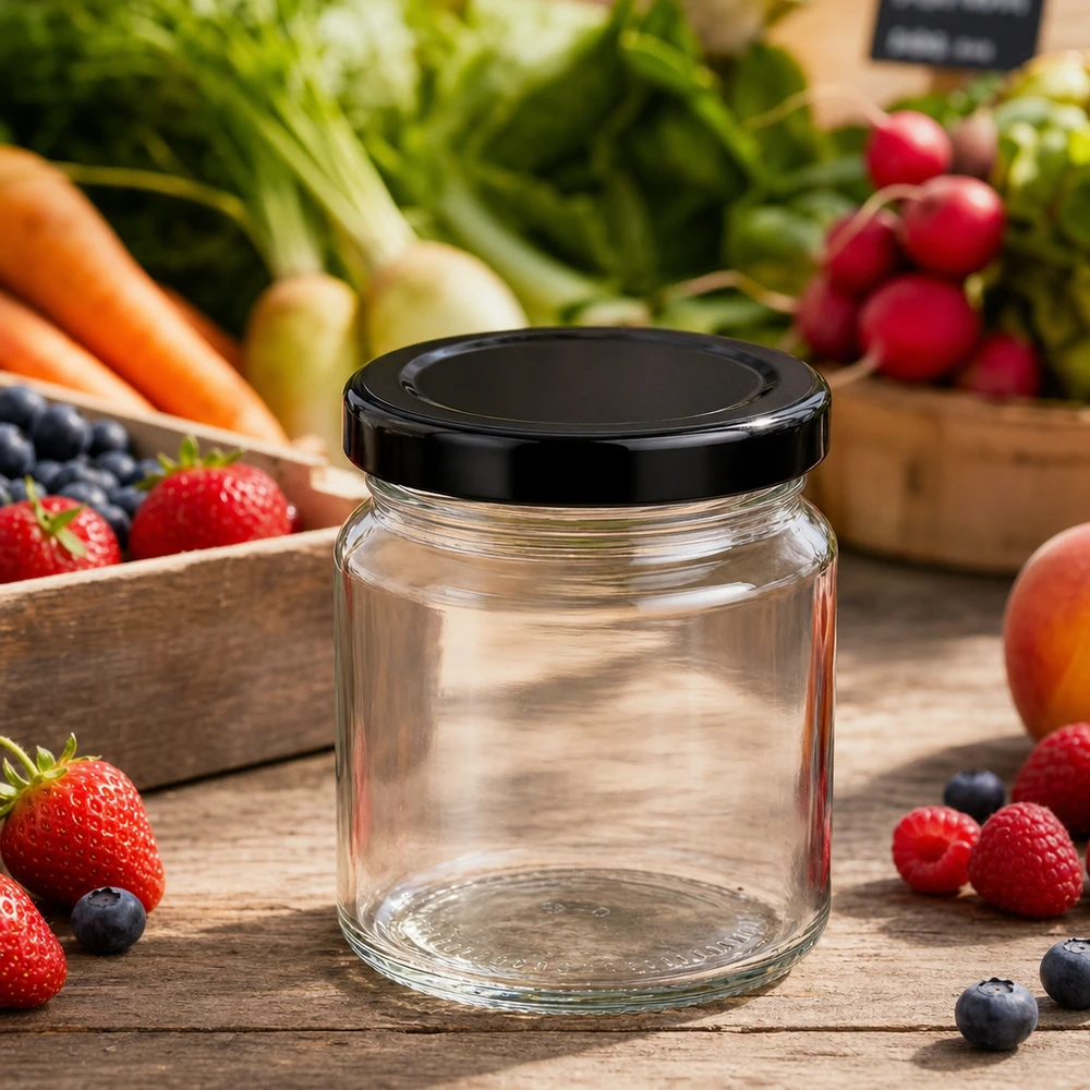 53ml Rundglas leer mit schwarzem Deckel zwischen frischen Früchten und Gemüse kleine Glasdose für Einmachen und Vorratsh