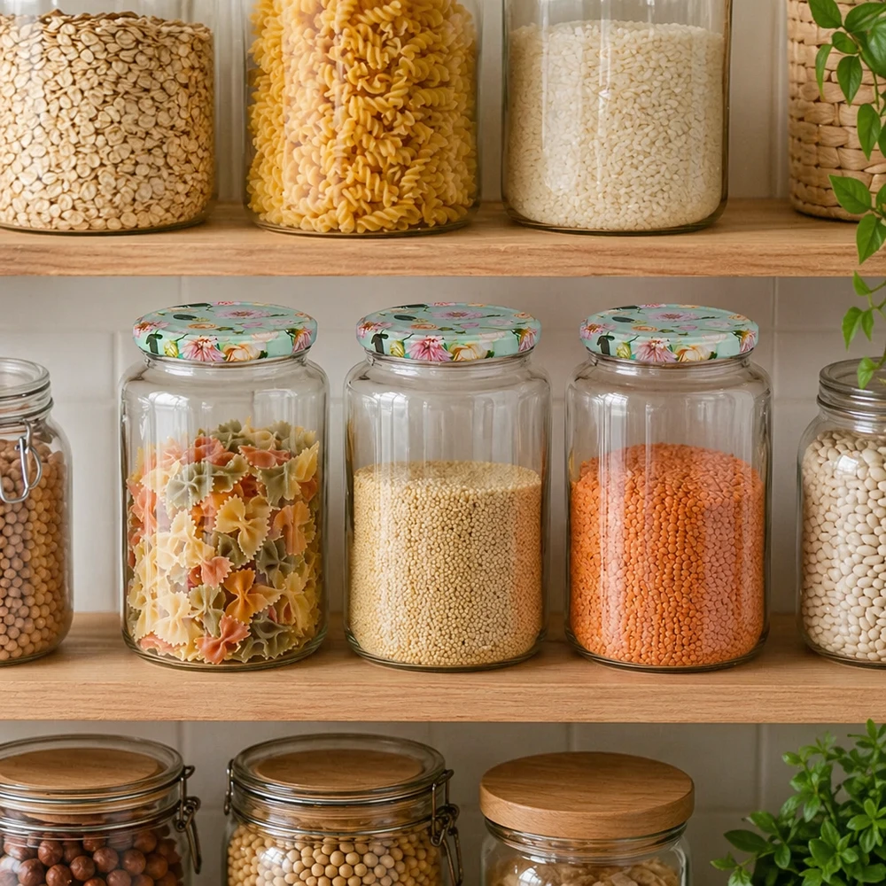 Voorraadkast met ronde potten van 795 ml met mintbloemdeksels, gevuld met pasta, linzen en granen in de voorraadkast