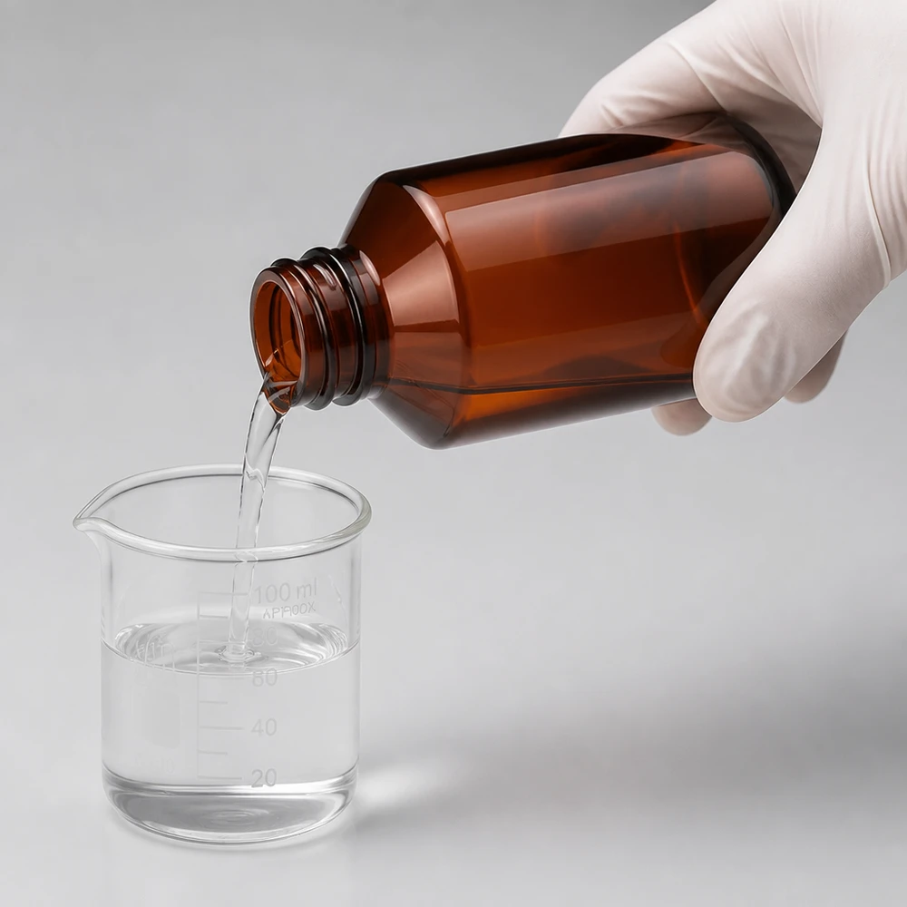 PET-fles 500 ml met witte klapdop Professionele dosering vanuit een UV-bestendige bruine glazen fles van 500 ml in een maatbeker met schaalverdeling