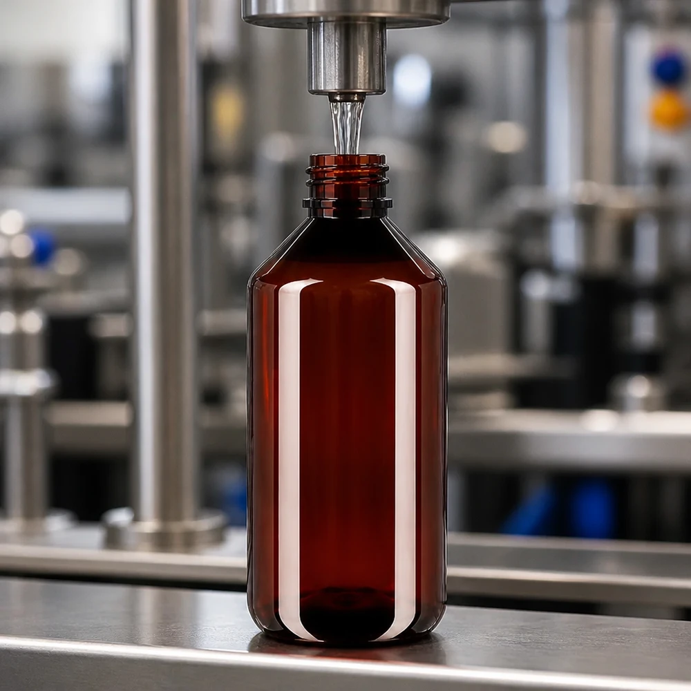 Hoogwaardige ronde PET-fles van 750 ml in bruin met een rode ontluchtingsdop – zijaanzicht