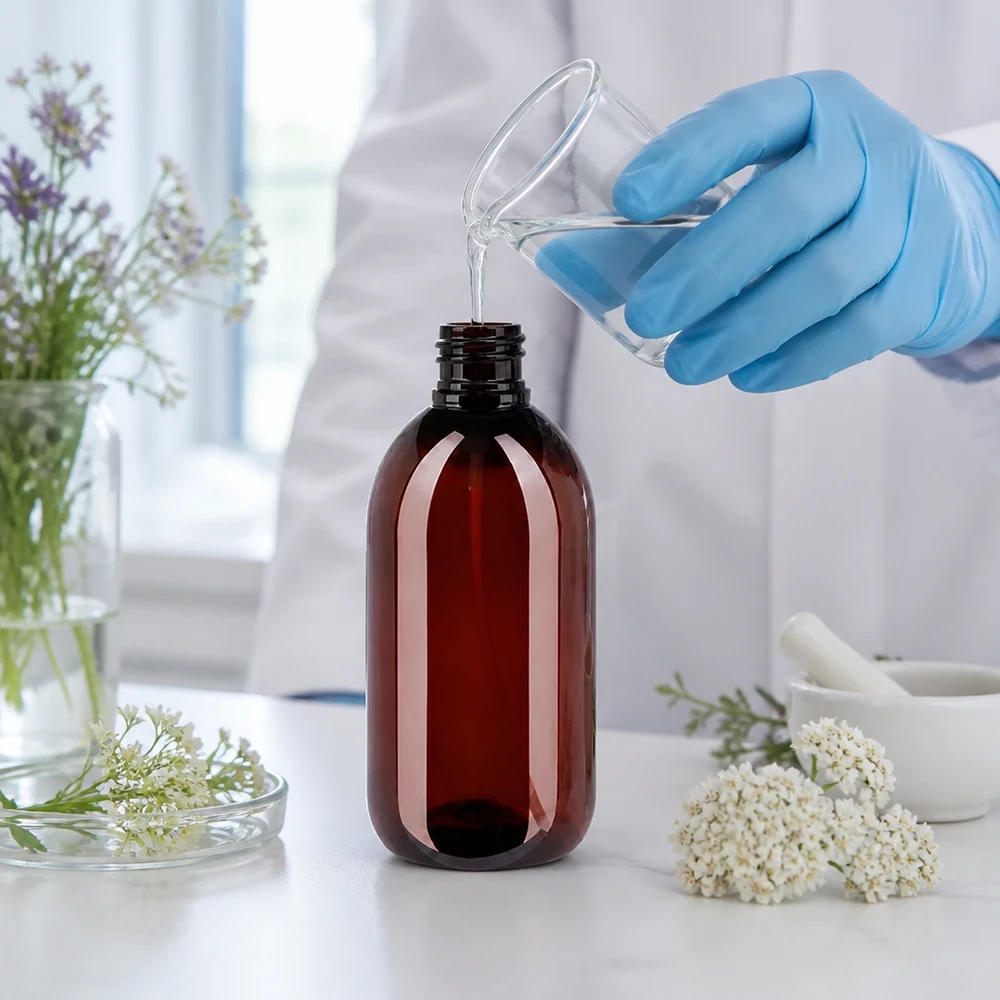 250 ml PET medicijnfles met verstuiver wit GCMI 28/410 incl. dop transparant, standaard Befüllung einer braunen 250ml PET Flasche mit Heilpflanzenextrakt im Reinraum