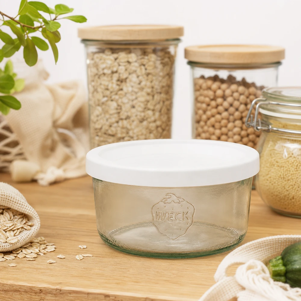 165ml stortglas met vershouddeksel WECK RR80 WECK 165 ml bekers RR80 leeg in duurzame zero-waste keuken met voorraadpotten en stoffen zakken van hout