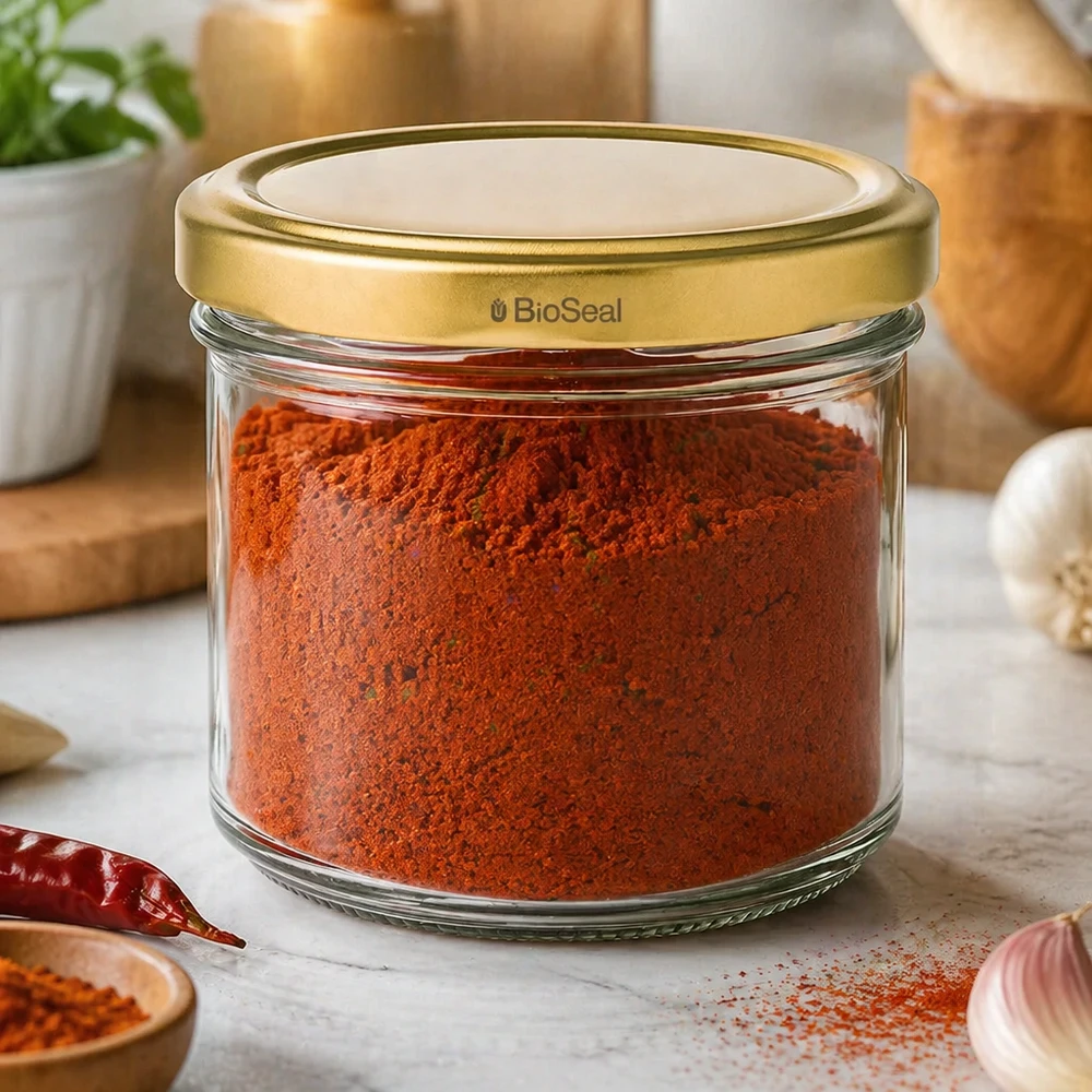 125ml bekers met BioSeal deksel goud UNiTWIST UNiTWIST inmaakpot 125 ml gevuld met paprikapoeder - gouden TO66 deksel in keukensfeer