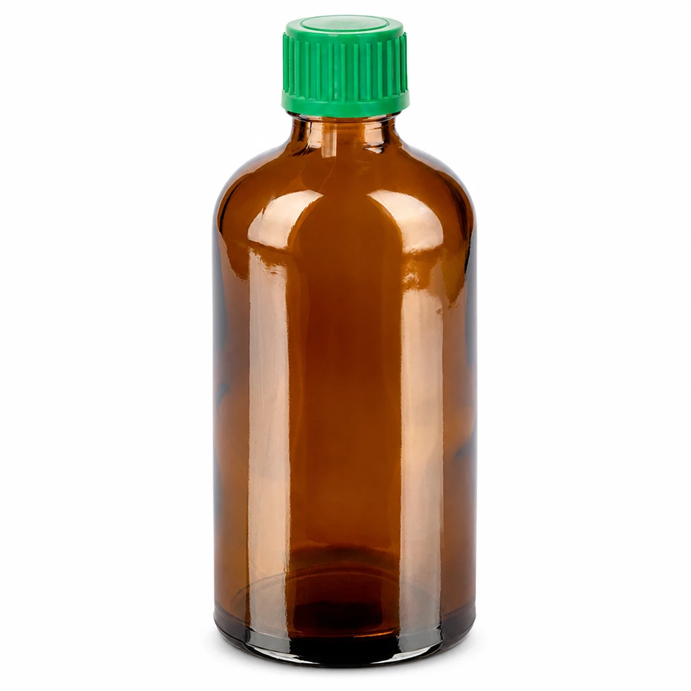 Compacte glazen fles van 100 ml in amberkleur met veilige sluiting