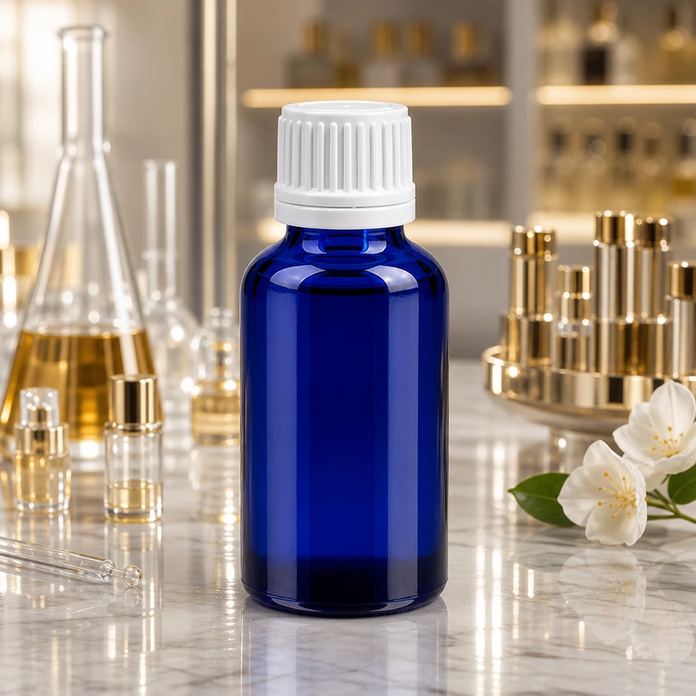 Compact 30ml flesje van UV-beschermend blauw glas met veilige sluiting