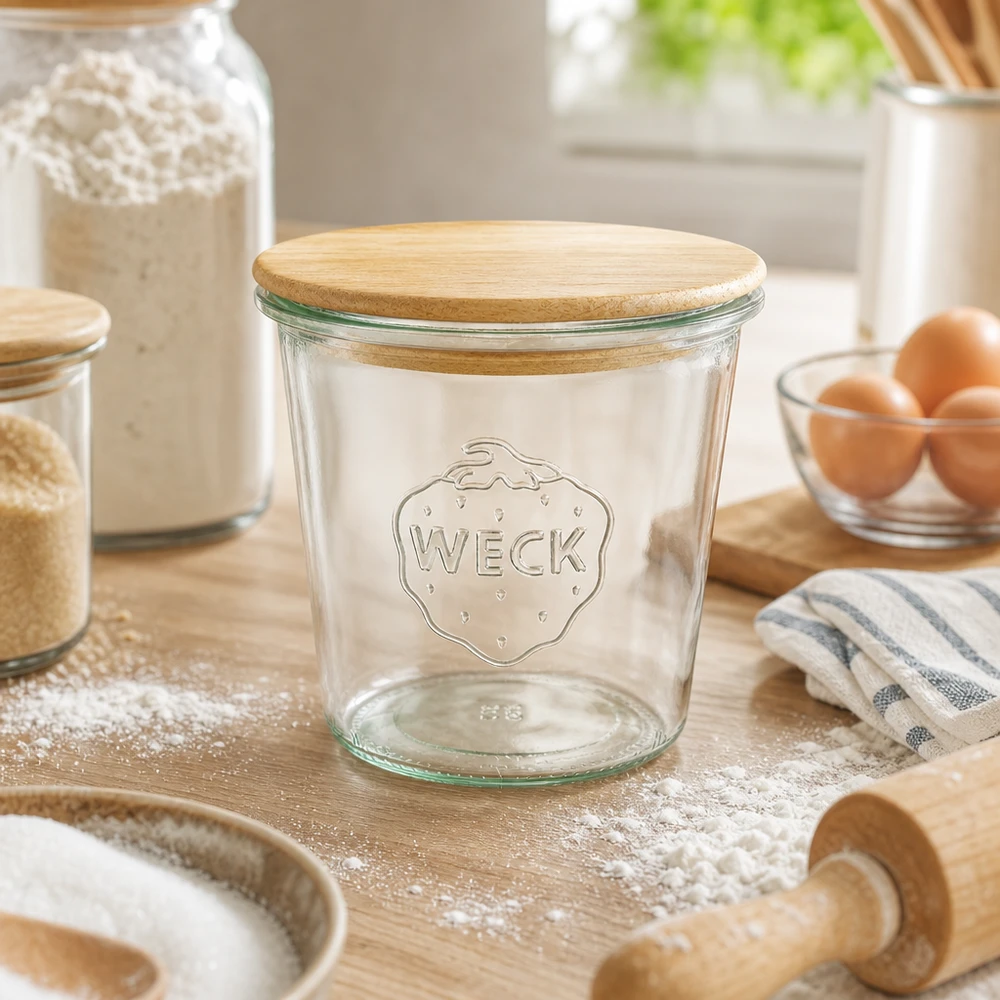580ml stortglas WECK RR100 met hout deksel WECK 580 ml weckpot leeg met houten deksel in keuken op met bloem bestoven houten tafel tussen bakaccessoires en eieren