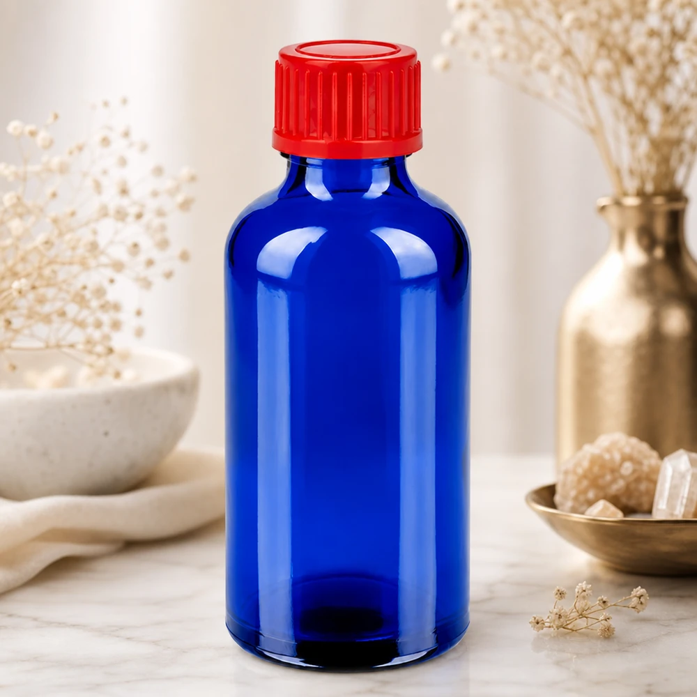 Apothekersfles 50ml in kobaltblauw met professionele 11mm standaard dop rood