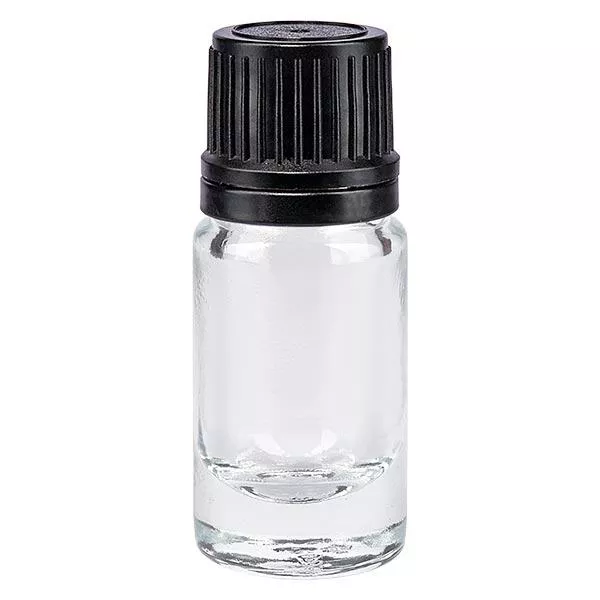 Helder glazen flessen 5ml met wit druppelsluiting 1mm VR Helder glazen flessen 5ml met wit druppelsluiting 1mm VR