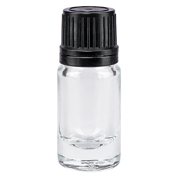 Helder glazen flessen 5ml met wit druppelsluiting 1mm VR Helder glazen flessen 5ml met wit druppelsluiting 1mm VR