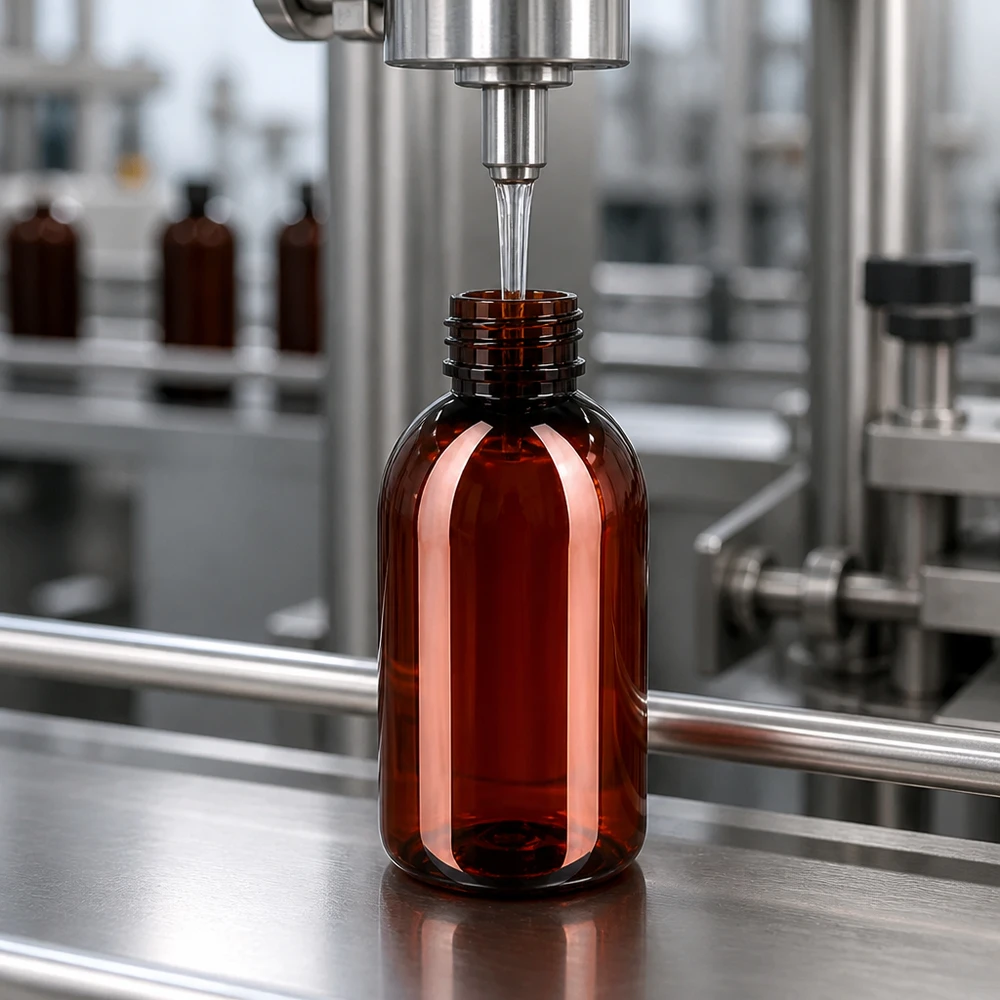 50 ml PET medicijnfles met verstuiver zwart GCMI 28/410 incl. dop transparant, standaard Braune PET Rundflasche 250ml mit Schraubgewinde wird maschinell in Fabrik befüllt