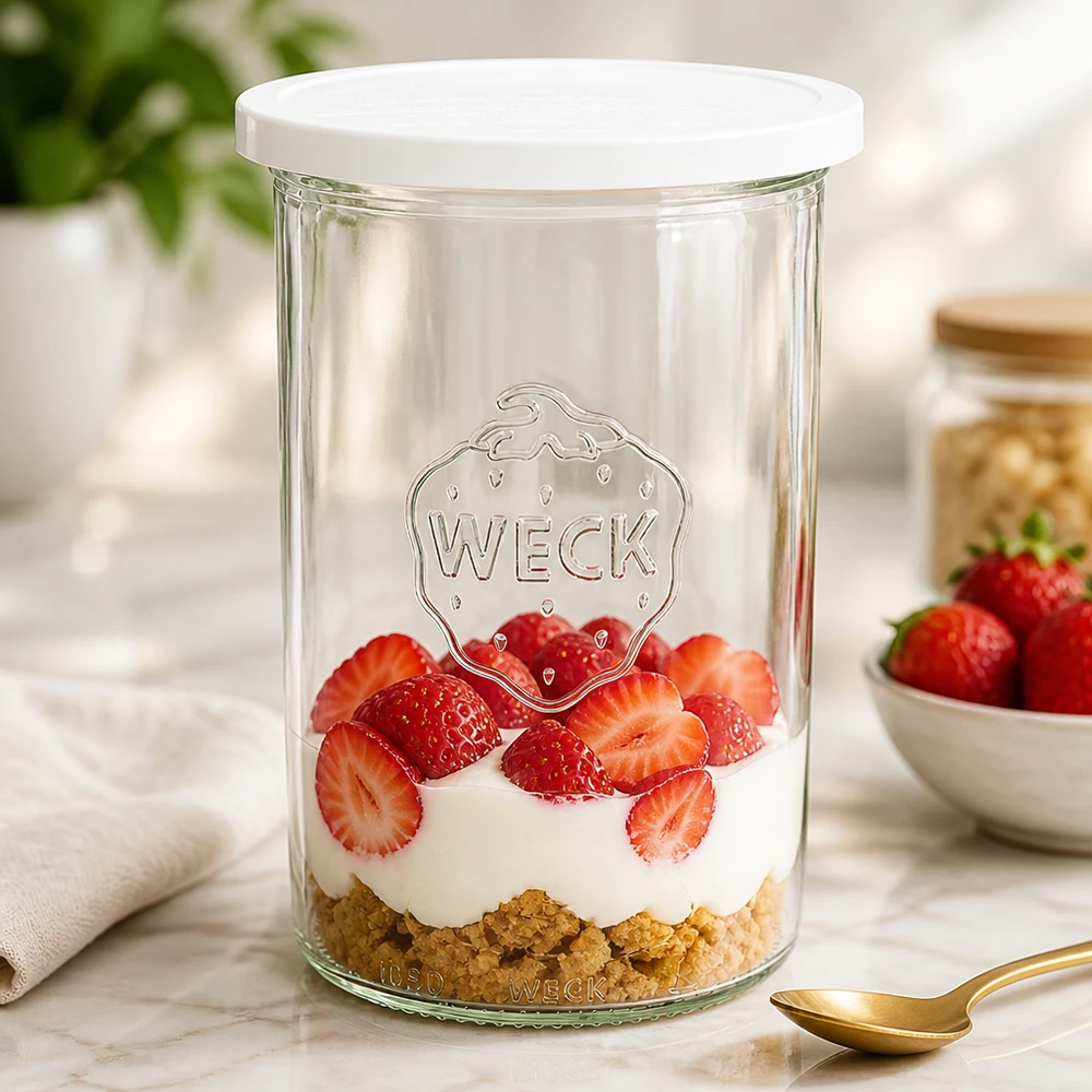 1000ml stortglas met vershouddeksel WECK RR100 WECK 1000ml inmaakpot als dessertpot gevuld met aardbeien en slagroom laat het veelzijdige gebruik van de RR100 inmaakpot zien