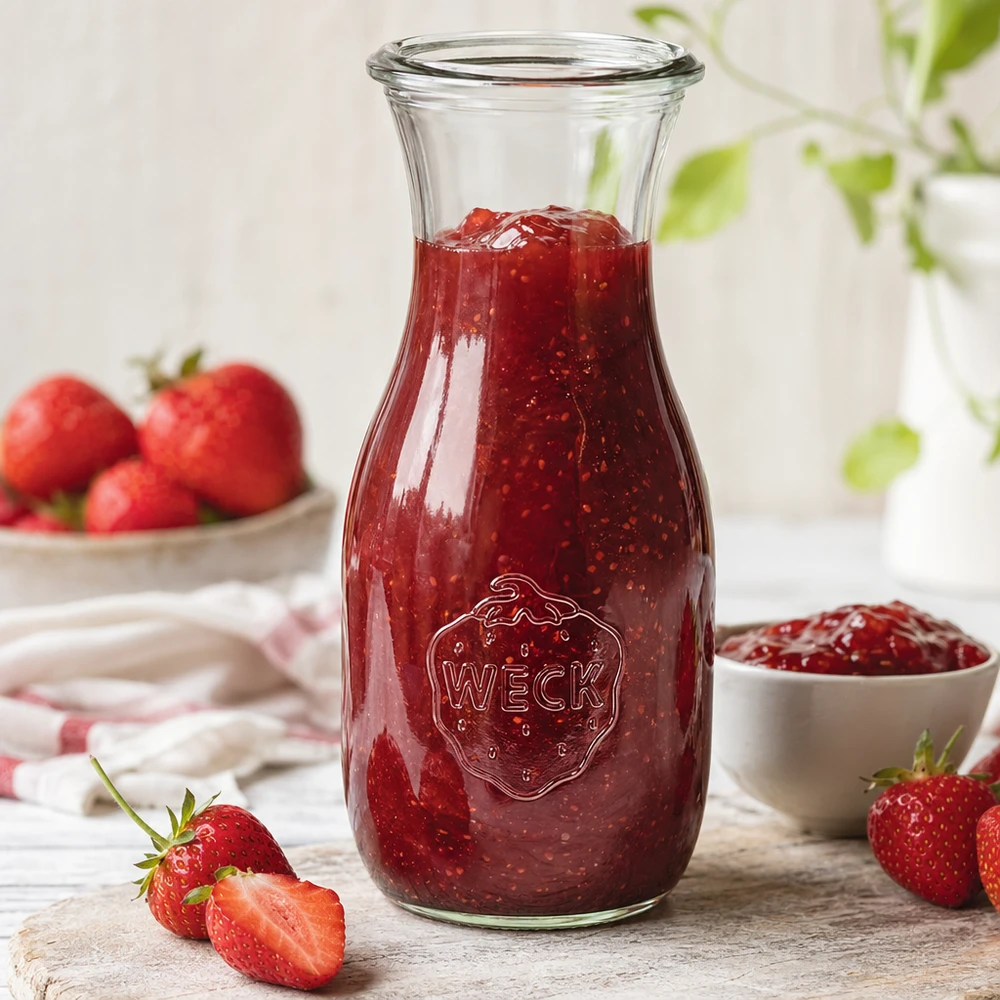 530ml WECK sapfles RR60 gevuld met aardbeienjam naast gesneden aardbeien en witte schaal