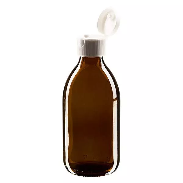 250ml Euro-medicijnfles / siroopfles bruin met witte klapsluiting 250ml Euro-medicijnfles / siroopfles bruin met witte klapsluiting