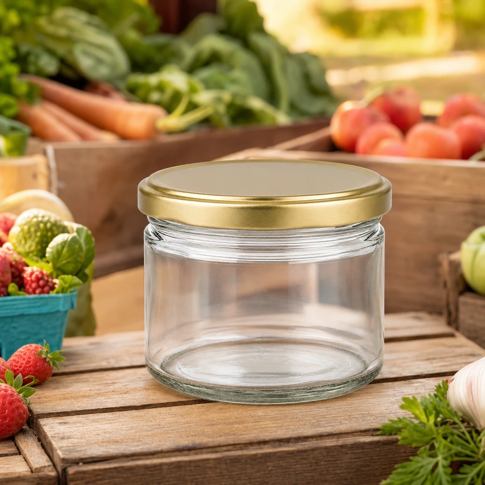 700g BasicSeal honingpot leeg met gouden deksel op houten plank omringd door vers fruit en groenten van de markt