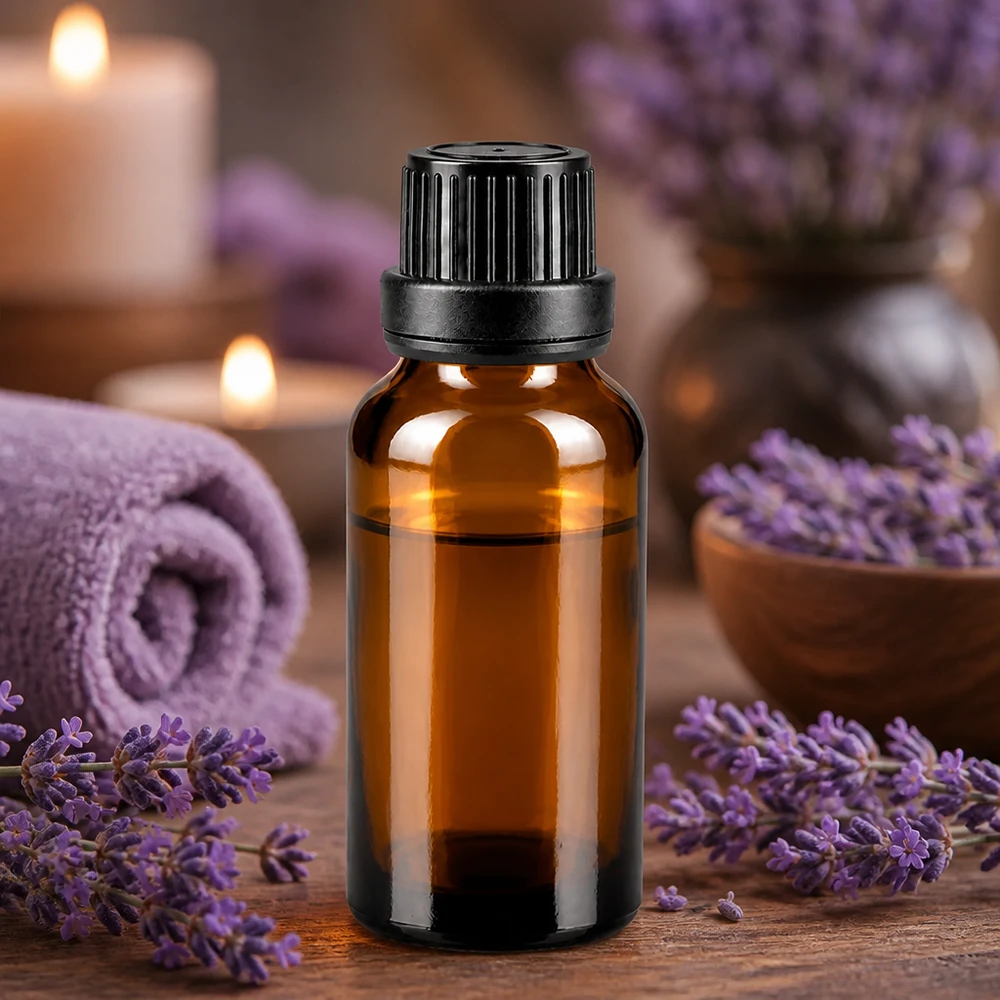 Bruine glazen flesje van 20 ml met UV-bescherming en zwarte originele dop voor etherische oliën