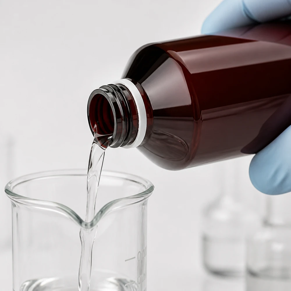 PET fles 1000ml met witte verzegelde stop, geribbeld Nauwkeurig schenken uit een bruine PET-laboratoriumfles van 1000 ml met kindveilige schroefdop