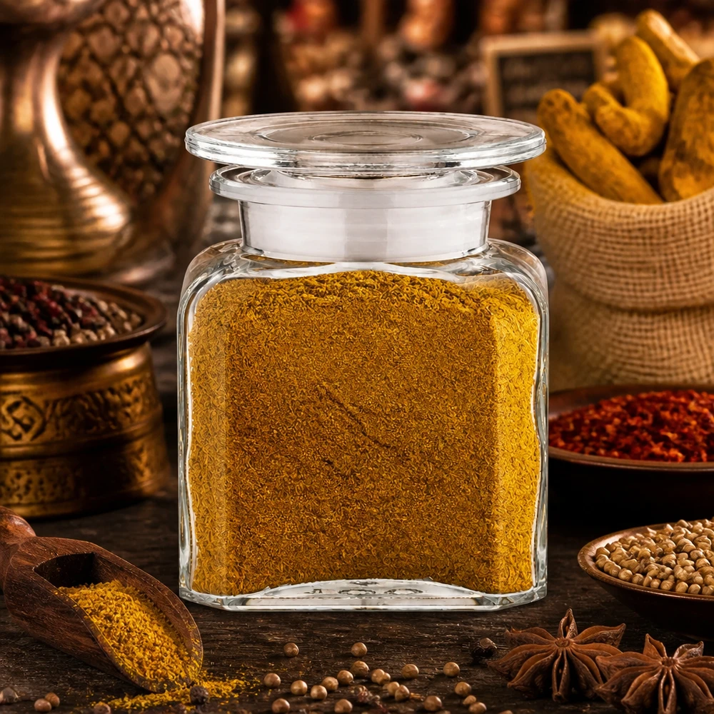 Kruidenpotje Idee 100 ml met kerriepoeder tussen chilipeper, kurkuma en koriander op een houten ondergrond