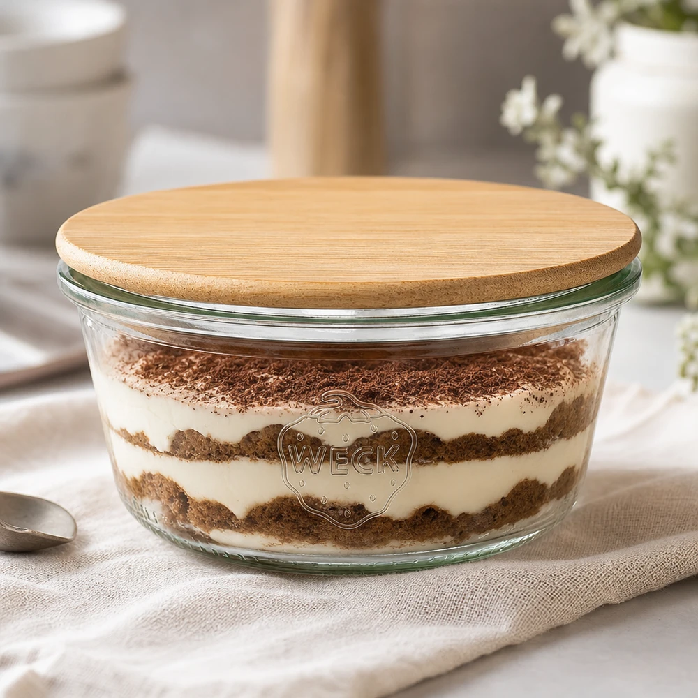 290ml stortglas laag WECK RR80 met hout deksel WECK beker 290ml RR100 gevuld met tiramisu en bamboe houten deksel, dessertpot in een elegante keukensetting