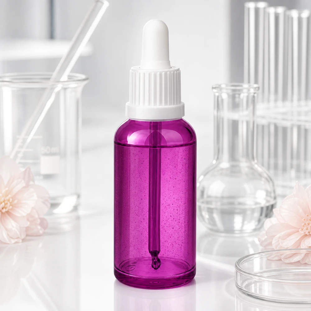 Violette glazen pipetfles van 50 ml met witte dop om lichtgevoelige stoffen te beschermen