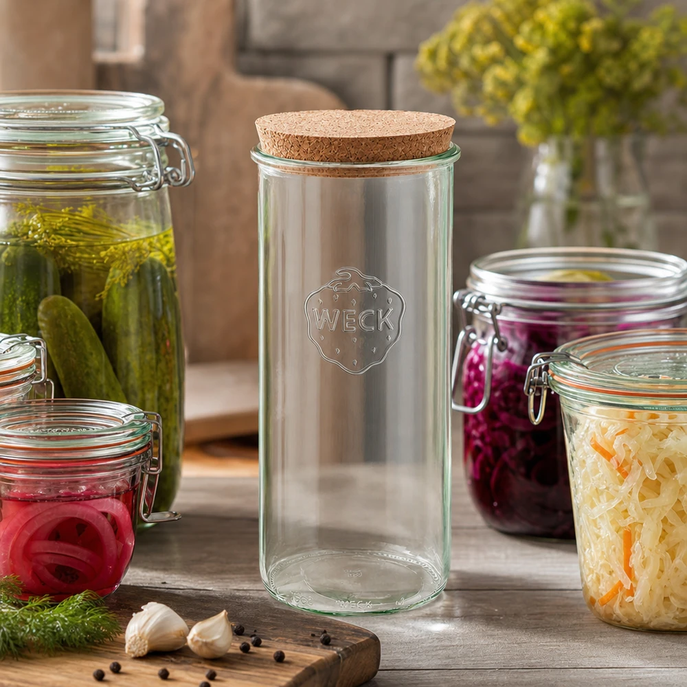 1500ml stortglas WECK RR100 met kurk WECK Mason pot 1500ml RR100 Keukenscène met augurken zuurkool rode uien Kurkdeksel Inmaken