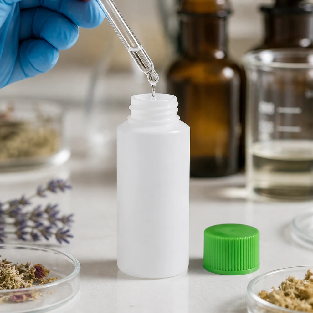 Het vullen van een witte HDPE-fles van 30 ml met groene SV met behulp van blauwe laboratoriumhandschoenen
