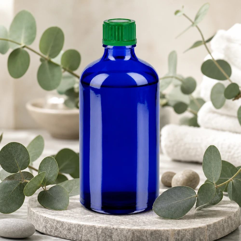 Handige glazen fles van 100 ml in koningsblauw met ergonomisch ontwerp voor eenvoudig gebruik