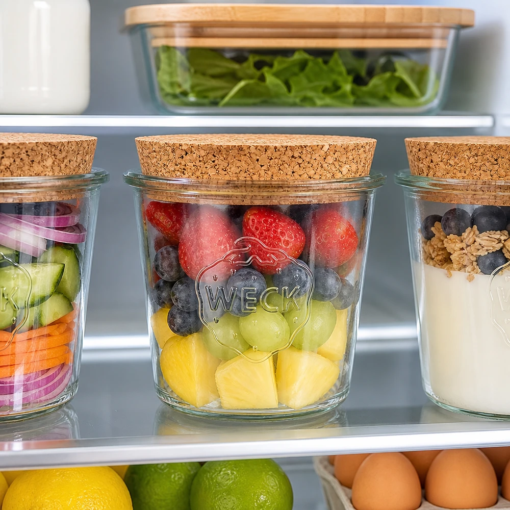WECK 580 ml RR100 pot met kurkdeksel in de koelkast met vers fruit, bessen en organisatie voor maaltijdbereiding