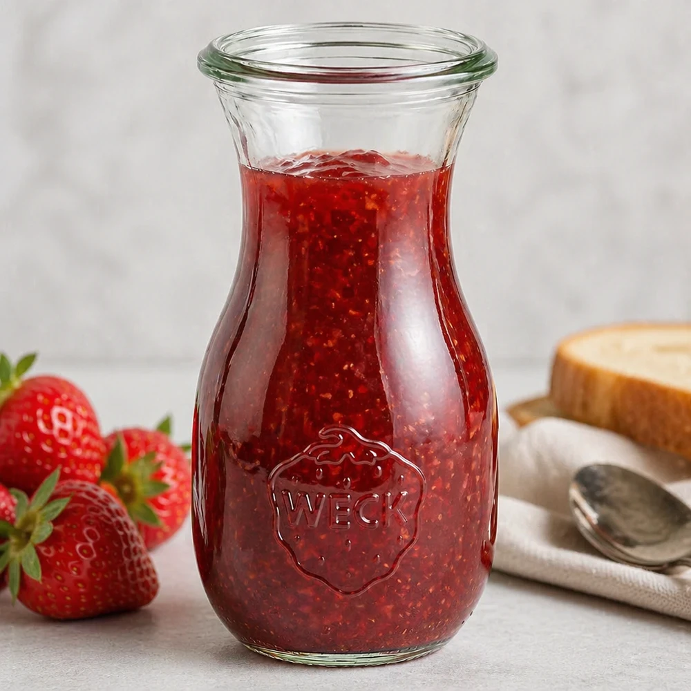 Gevulde WECK sapfles 290ml RR60 met rode aardbeienjam en zichtbaar bedrijfslogo op wit oppervlak