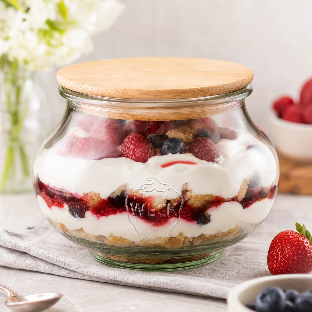 560ml juwelenglas WECK RR80 met hout deksel WECK decoratieve pot 560ml RR80 houten deksel gevuld met bessen gelaagd dessert op wit oppervlak keuken decoratie
