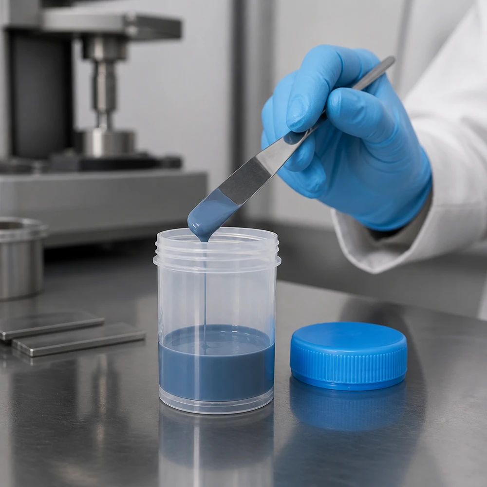 Steriele monsterafname met een pincet in een doorzichtige pathologiebeker van 35 ml in een laboratoriumomgeving