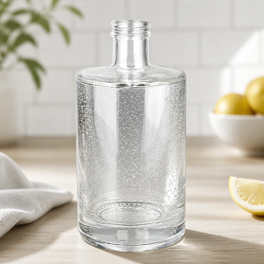500ml glazen fles Sam UNiTWIST schroefdraadhals Detailweergave keukenopstelling met citroenen en witte achtergrond