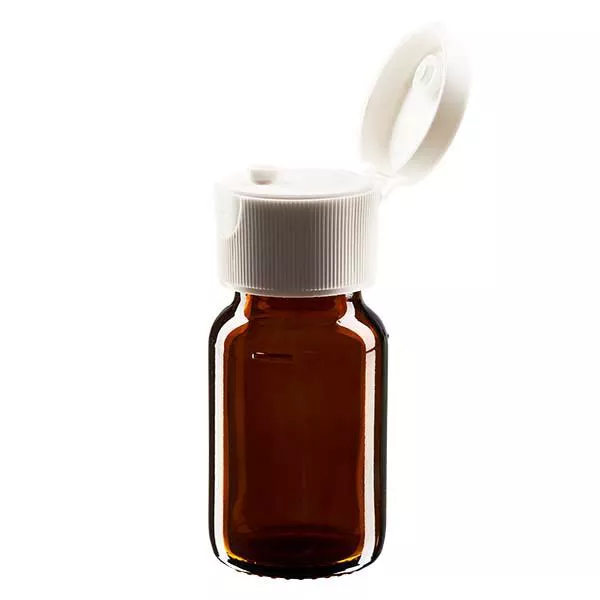 30ml Euro-medicijnfles / siroopfles bruin met witte klapsluiting 30ml Euro-medicijnfles / siroopfles bruin met witte klapsluiting