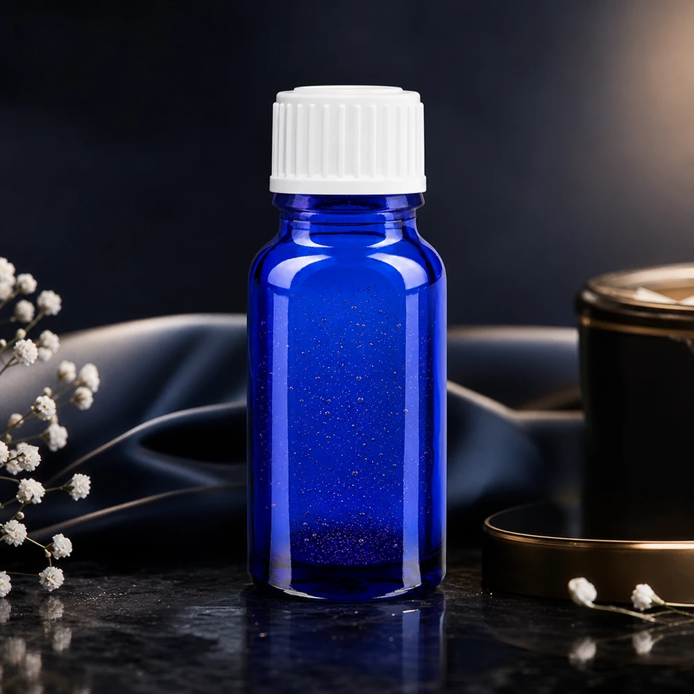 Kleine blauwe druppelfles van 10 ml met een glinsterend glaseffect en een witte standaarddop