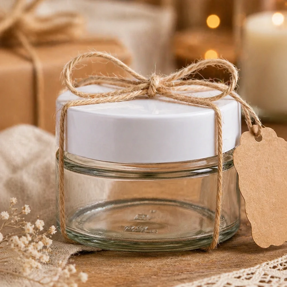 130ml BasicSeal witte ronde glazen pot als geschenkverpakking met jute koord en label - DIY geschenk glazen pot