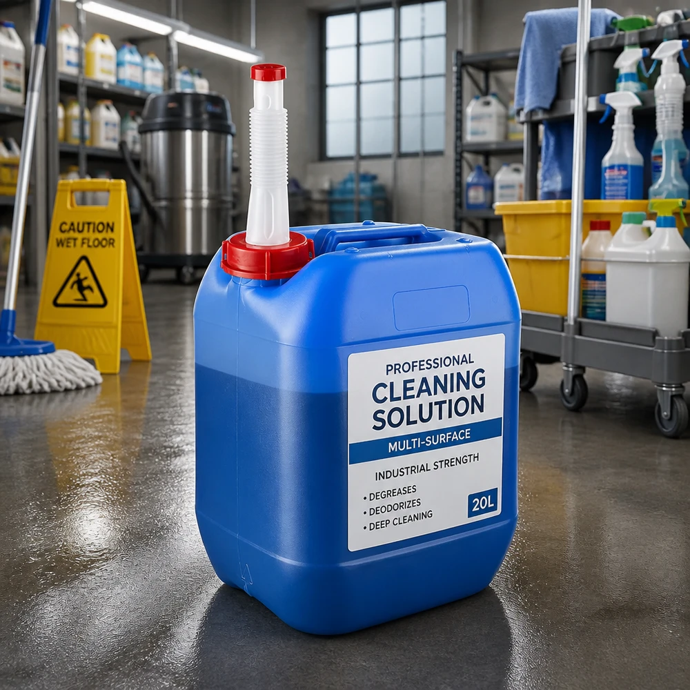 Jerrycan van 10 liter met flexibele uitloopbuis voor professionele reinigings- en onderhoudsmiddelen