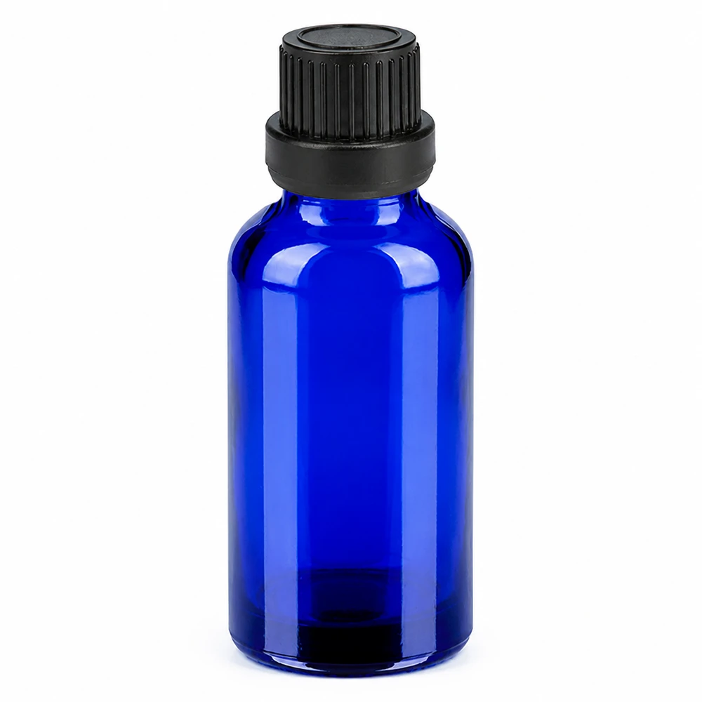 Compact 30ml flesje in kobaltblauw, ideaal voor onderweg en om te portioneren