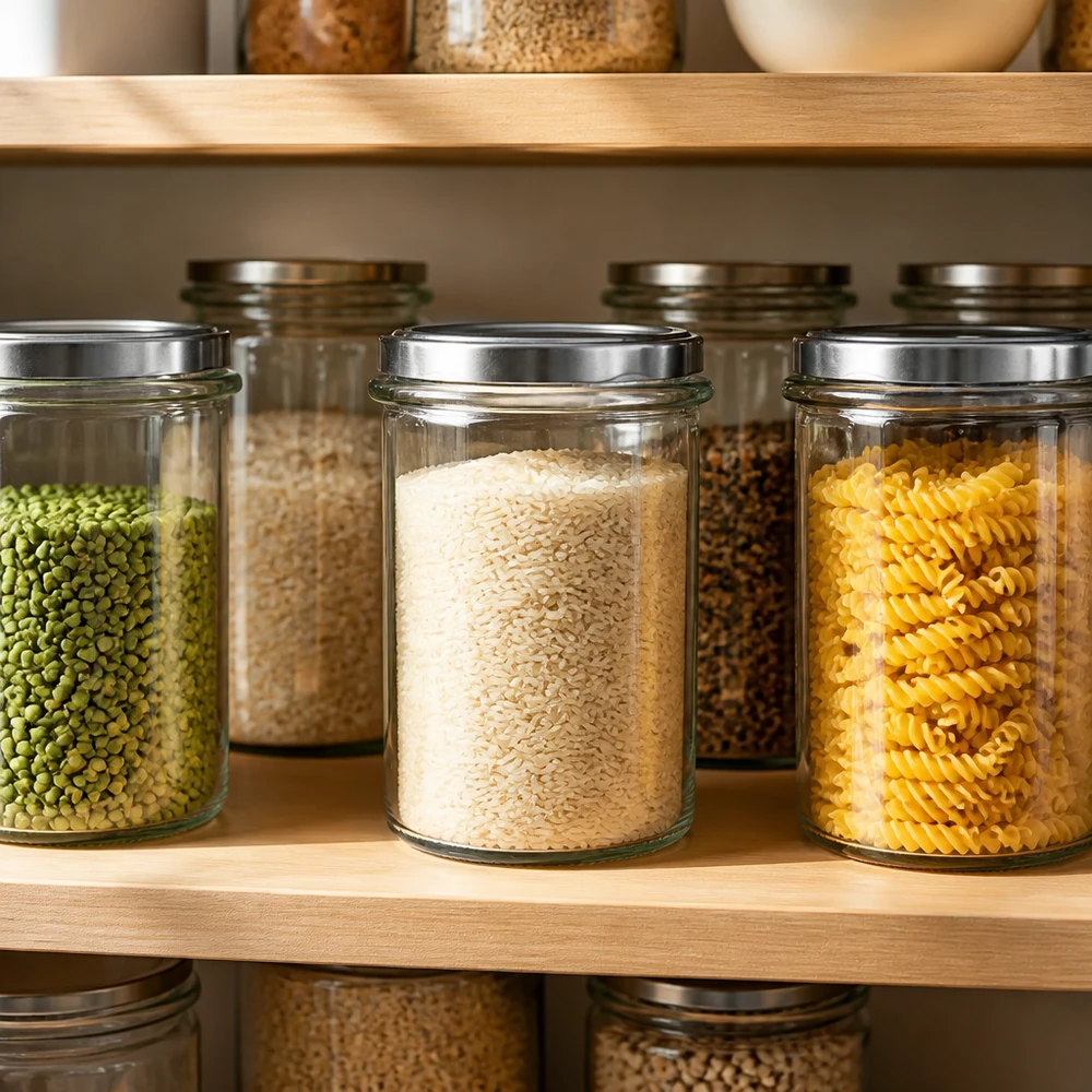 Kleine glazen voorraadpotjes met schroefdeksel voor ruimtebesparende opslag in de keuken